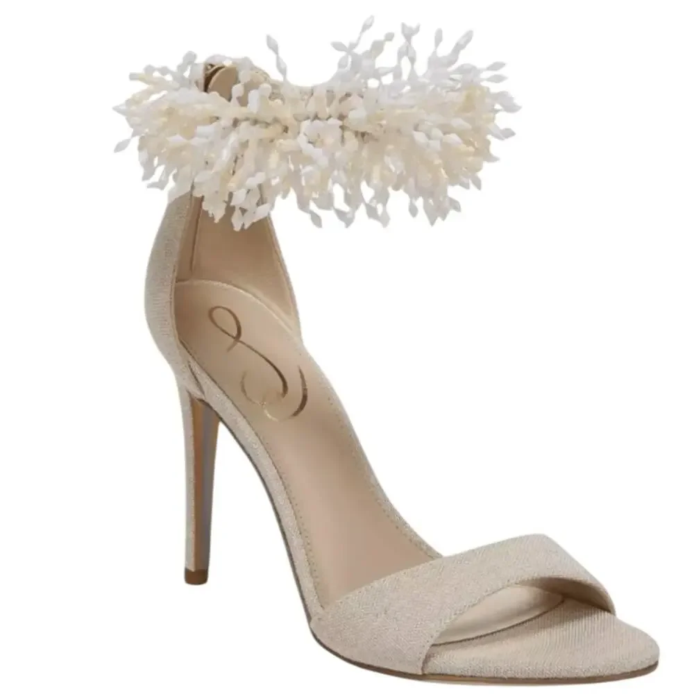 Sam Edelman Gillie Sand Linen Stilettos Open Toe Heels Beaded Size 7.5, 4'' Heel - Picture 13 of 13